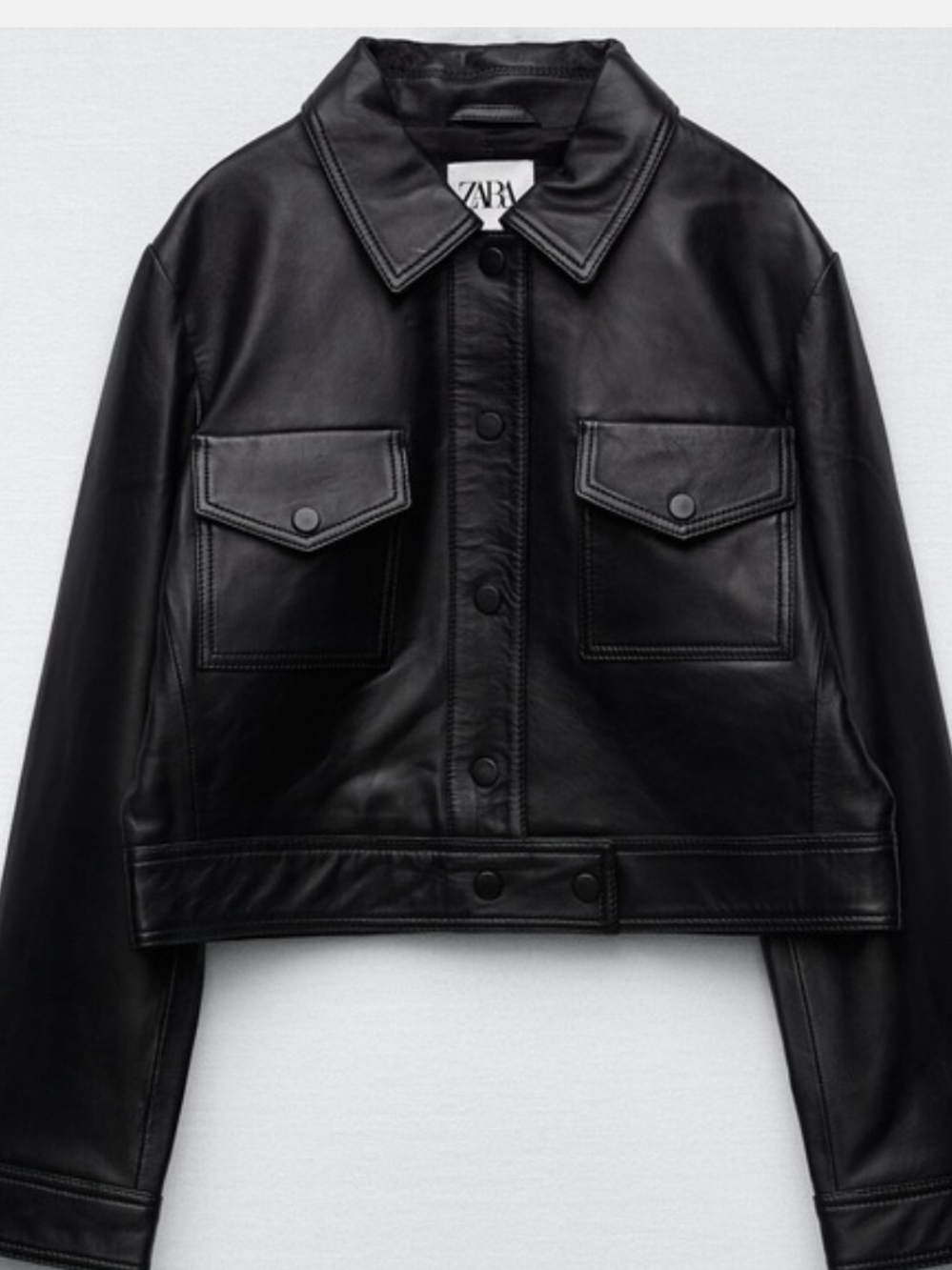 Zara Black 100% Leather Cropped Jacket with Patch Pockets. Size XL